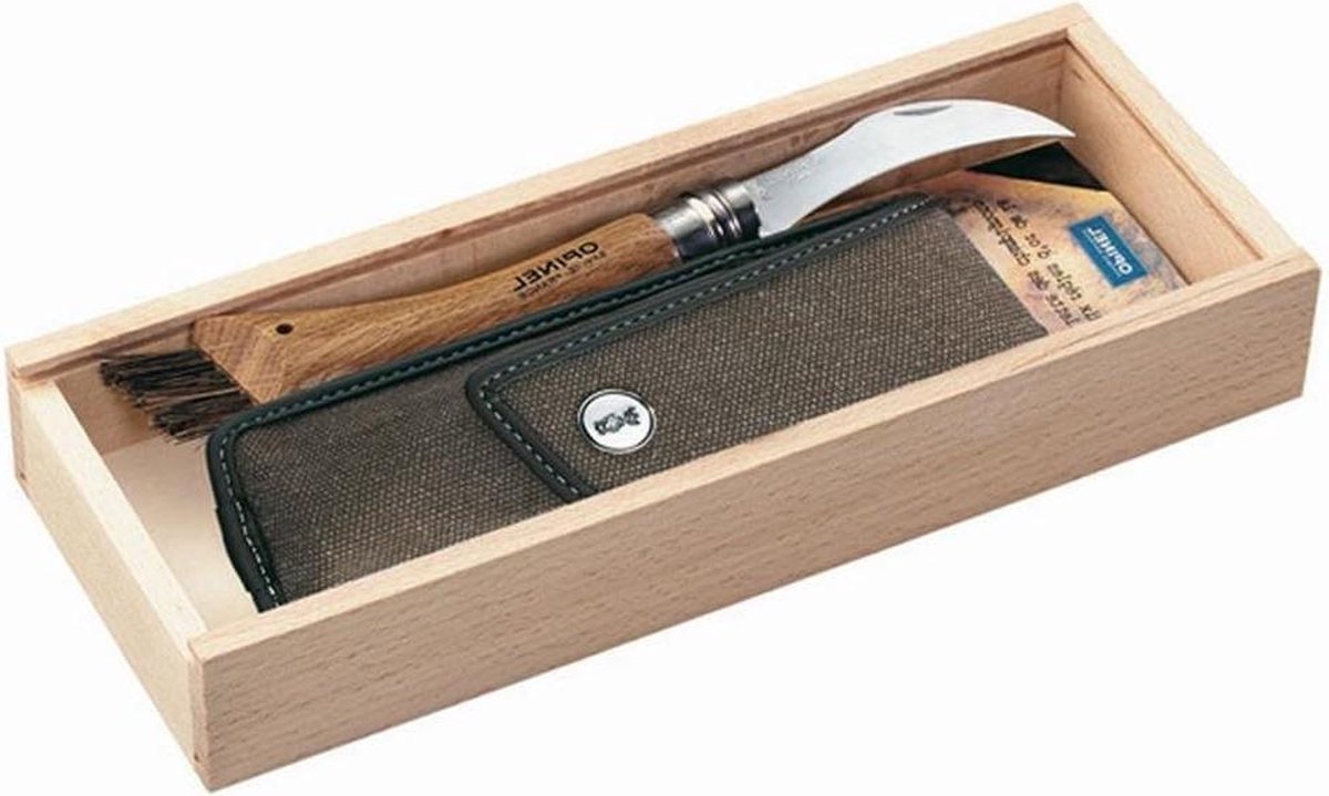 Paddestoelmes Opinel nr. 8 - Roestvrij Sandvik Staal - Eikenhouten Heft - Wiltshaar Stoffen Etui - Houten Doos