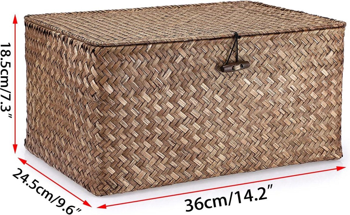 Rieten mand met deksel Sweet Living Opbergmand van zeegras voor bureau en badkamer - geweven zeegras opbergdoos planken - decoratieve mand - multifunctionele opbergmand - koffie groot Rieten mand met deksel sweet living