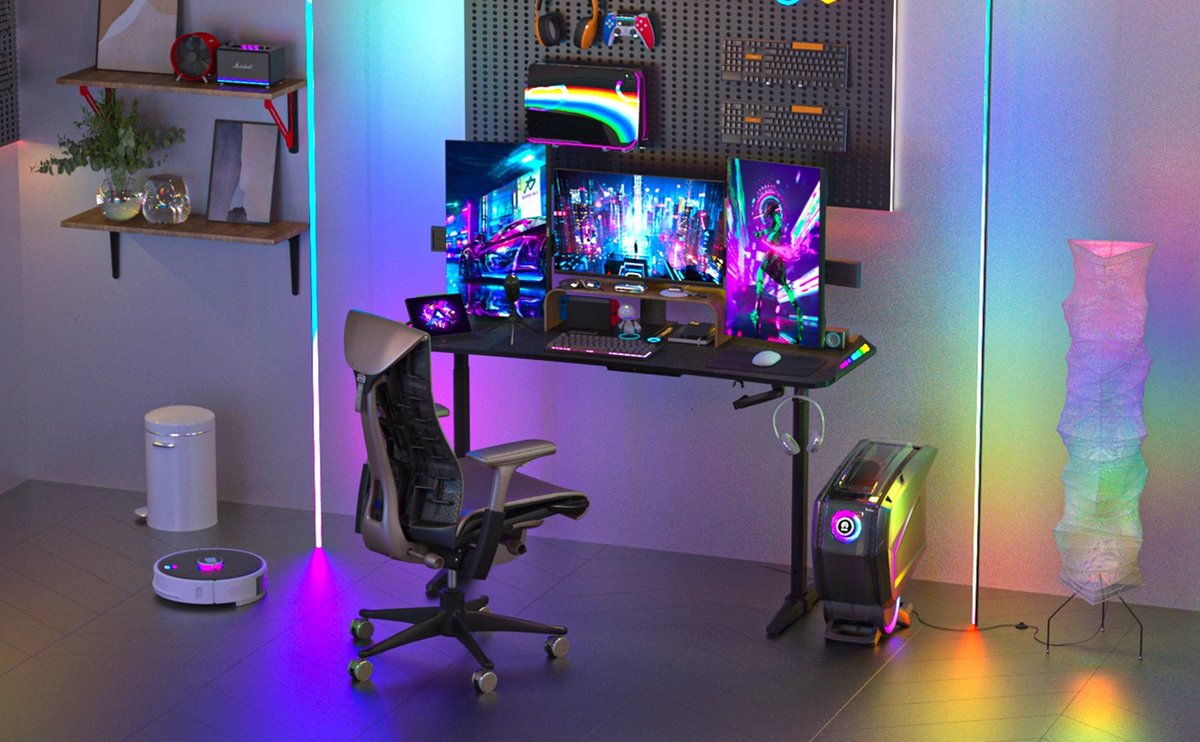 vanBoni Gaming Bureau Hoogte verstelbaar - Gaming Desk - Gaming Bureau met Led Verlichting - Zit Sta Bureau - 160x60x120CM - Zwart