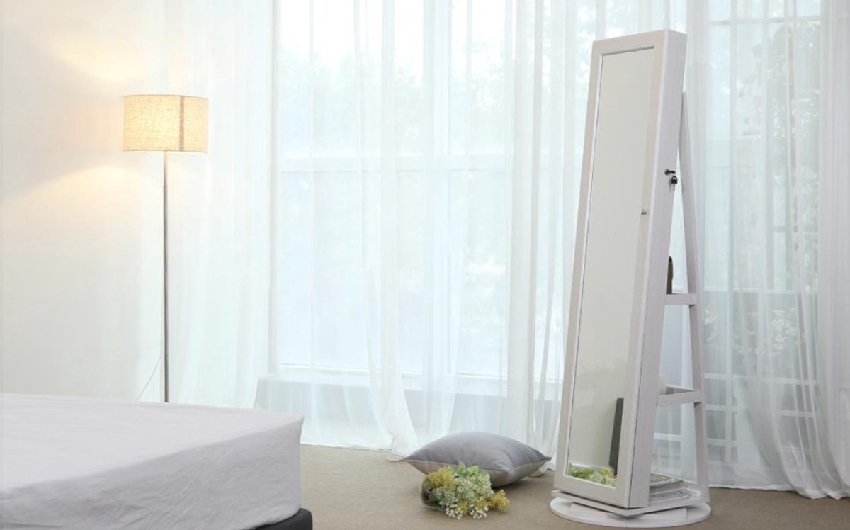 Jewellery cabinet with 160 cm high mirror, lockable, 360° rotatable with ladder rack JBC62W