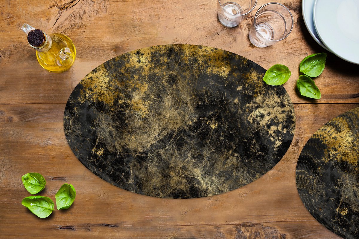 Placemats ovaal - Onderleggers - Ovale placemats - Goud - Zwart - Abstract - 6 stuks