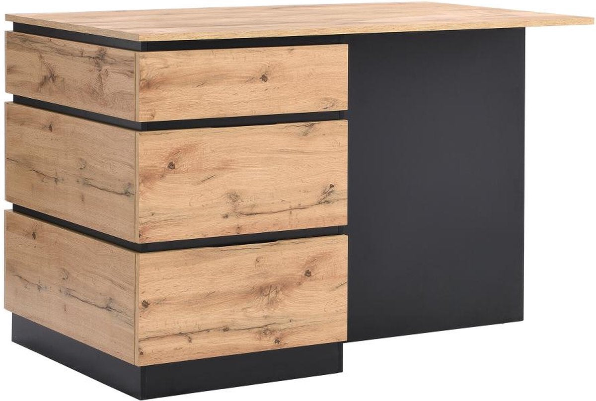 Vente-unique Centraal keukeneiland met 6 lades en 4 nissen van mdf - Licht naturel en zwart - POMARELA L 140 cm x H 91 cm x D 80 cm
