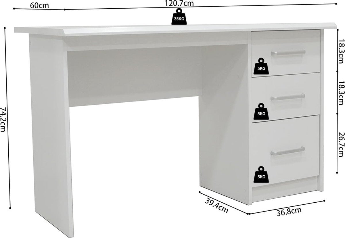 Bureau Rinke Wit - MDF - 121x60cm - Met opbergruimte - Hoogte 75 cm - Met lades