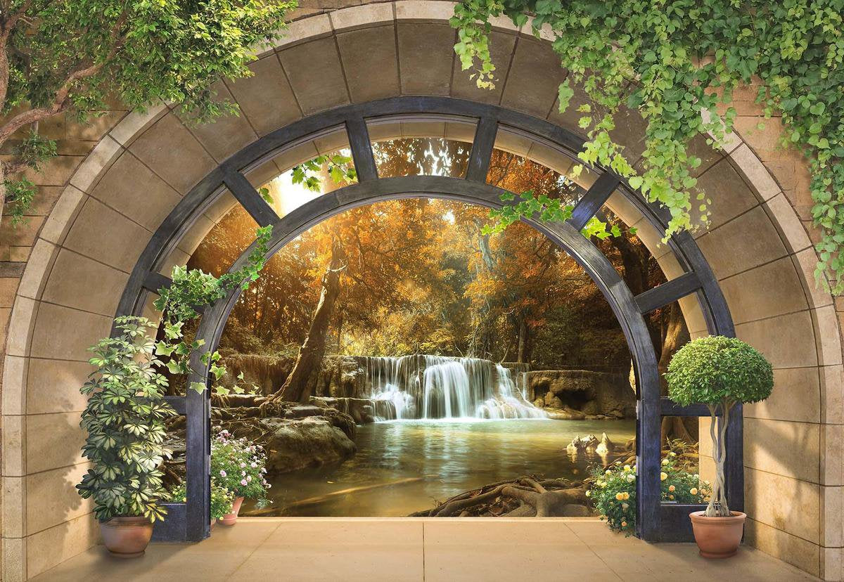 Fotobehang - Vliesbehang - Uitzicht op de Waterval in het Herfstbos door het Raam 3D - 254 x 184 cm