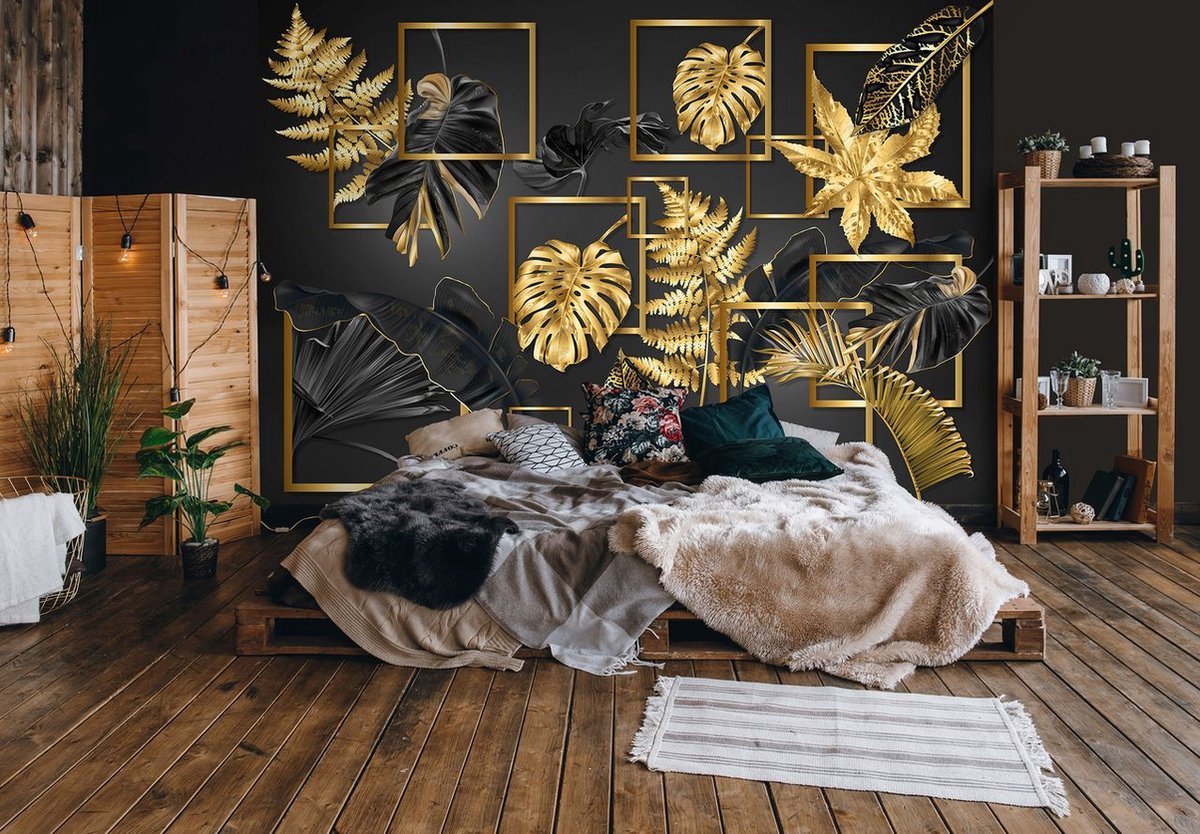 Fotobehang - Vliesbehang - Zwarte en Gouden Jungle Bladeren Kunst - 208 x 146 cm