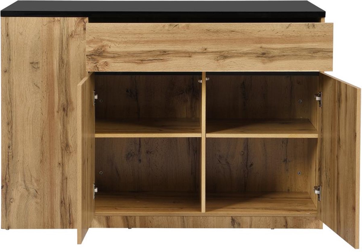 Vente-unique Keukeneiland met opbergruimte - Zwart en naturel - MEILI B 130 cm x H 90 cm x D 65 cm