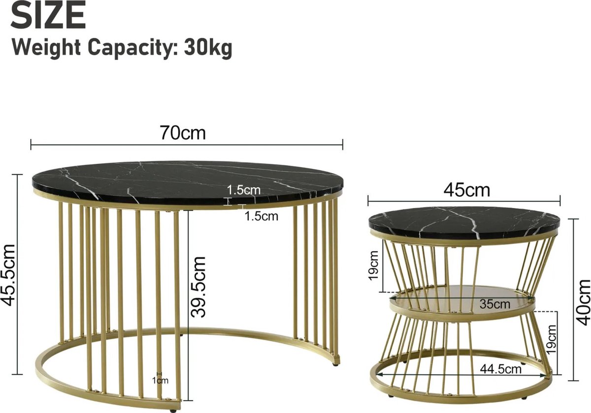 Moderne nestbare salontafel - Set van twee salontafels - Gouden Frame - Bijzettafels Wit met goud - 70 cm en 45 cm - Zwart met goud