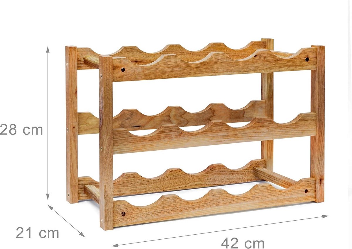 Wine rack 3 levels small bottle rack for 12 bottles - natural wood 42 x 21 x 28 cm
