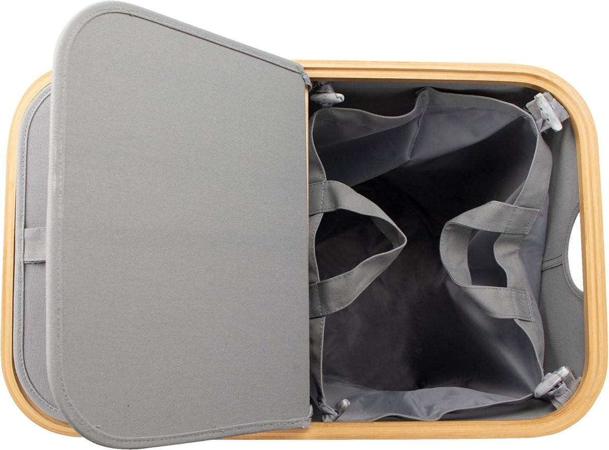 Large Laundry Basket 2 Compartments 150 Litres Bamboo Fabric Light Grey - Laundry Sorter With Lid - Anthracite Black