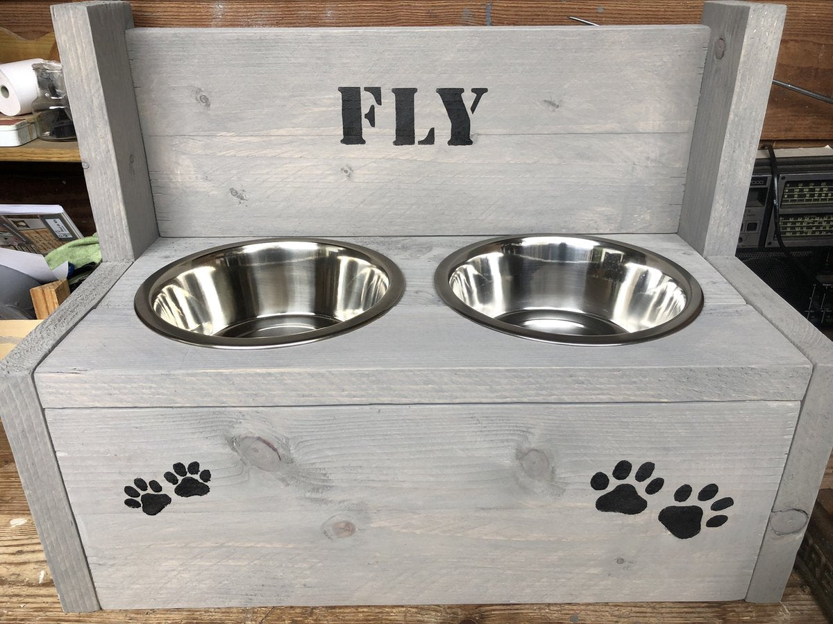 Dog food bowl scaffolding wood with NAME DOG (medium)