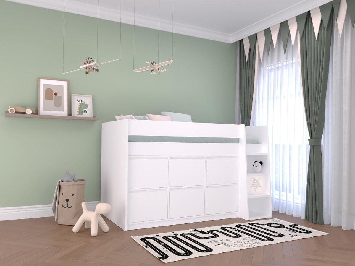 Vente-unique Halfhoogslaper 90 x 190 cm met 6 lades - Wit - CAMALETI L 196 cm x H 120.8 cm x D 114.4 cm