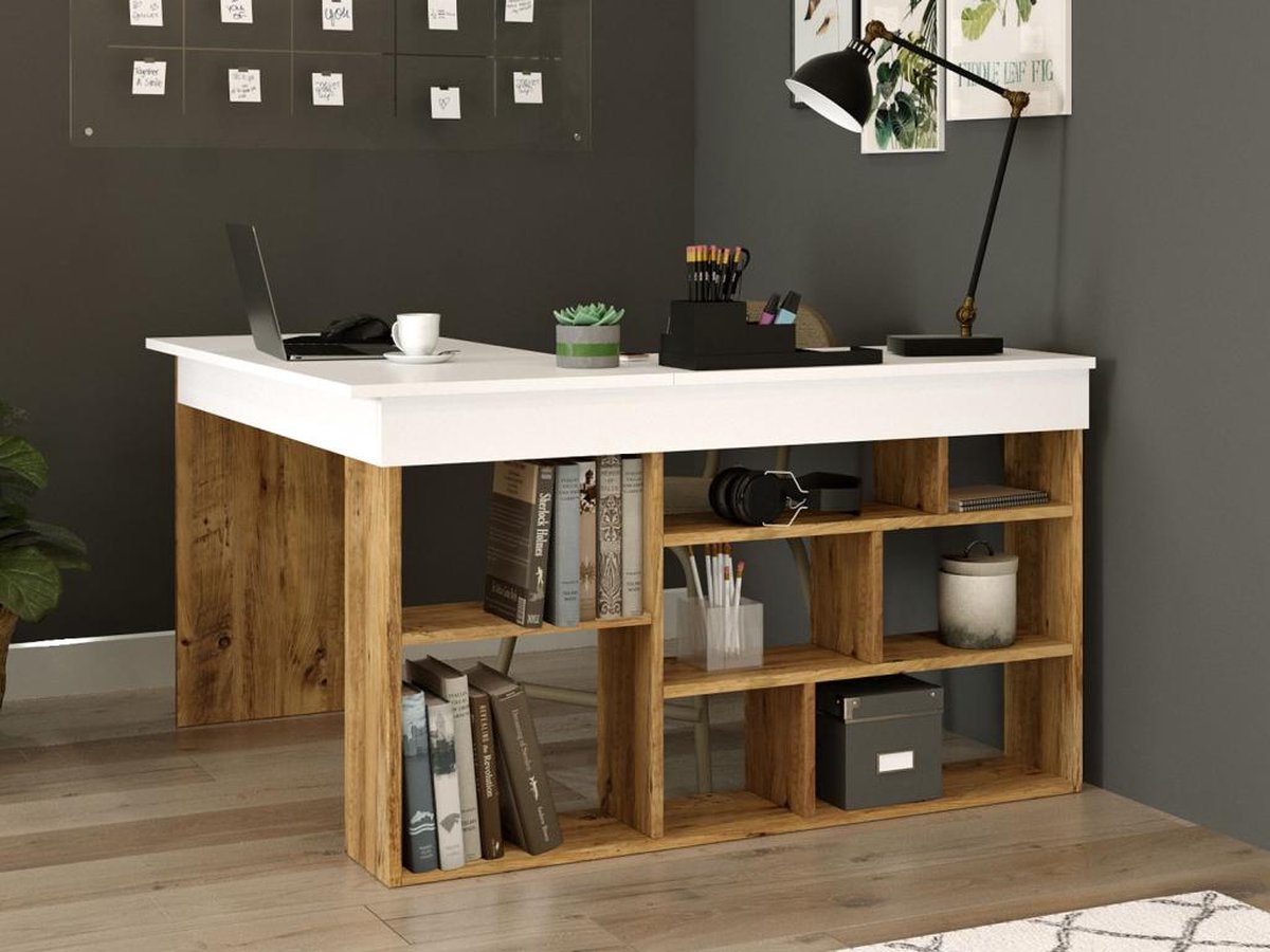 Hoekbureau met opbergruimte - Wit en naturel - LILEUL B 129 cm x H 72 cm x D 120 cm