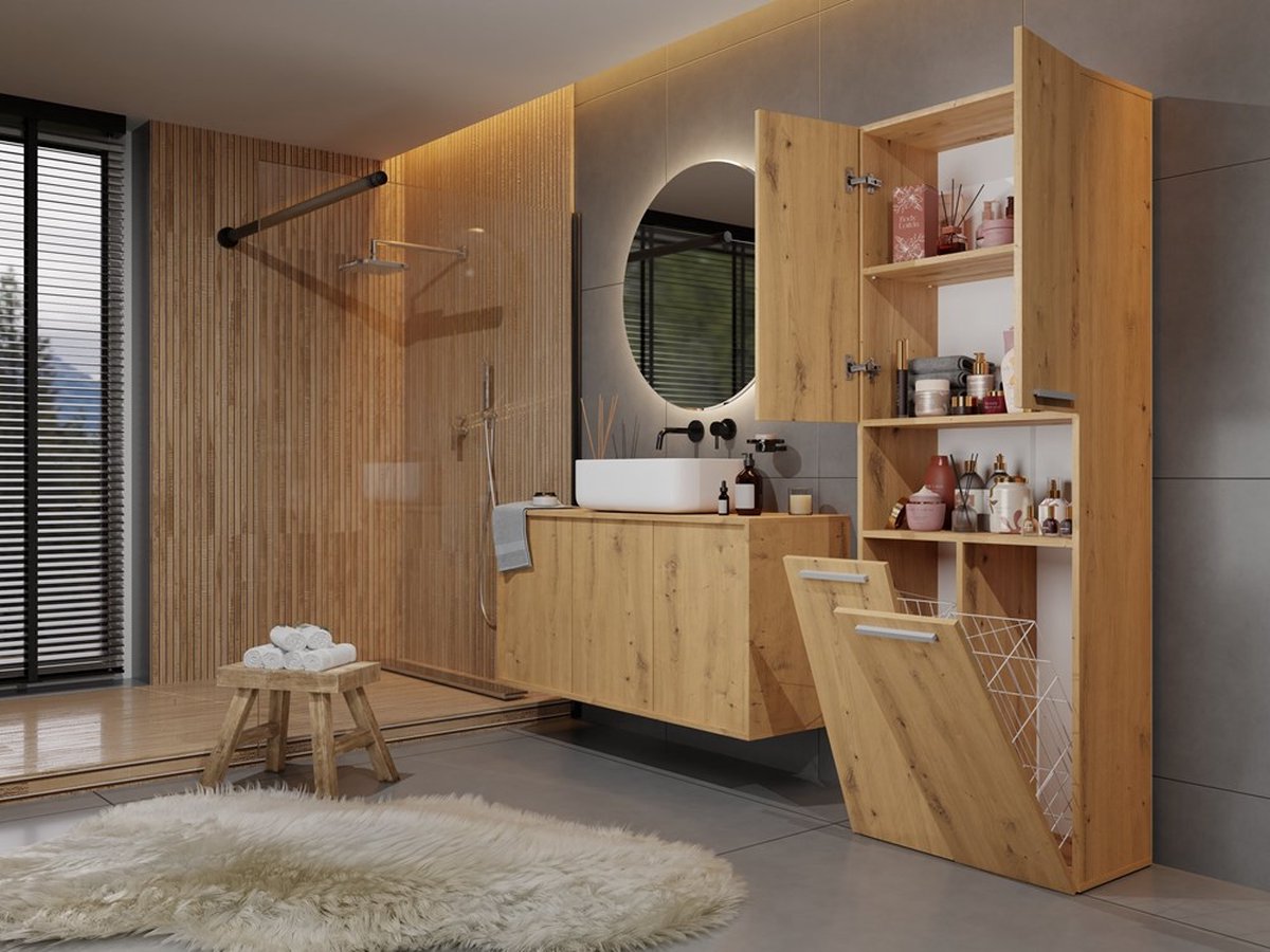 Bathroom cabinet Storage cabinet With 2 laundry baskets - Oak - Column cabinet