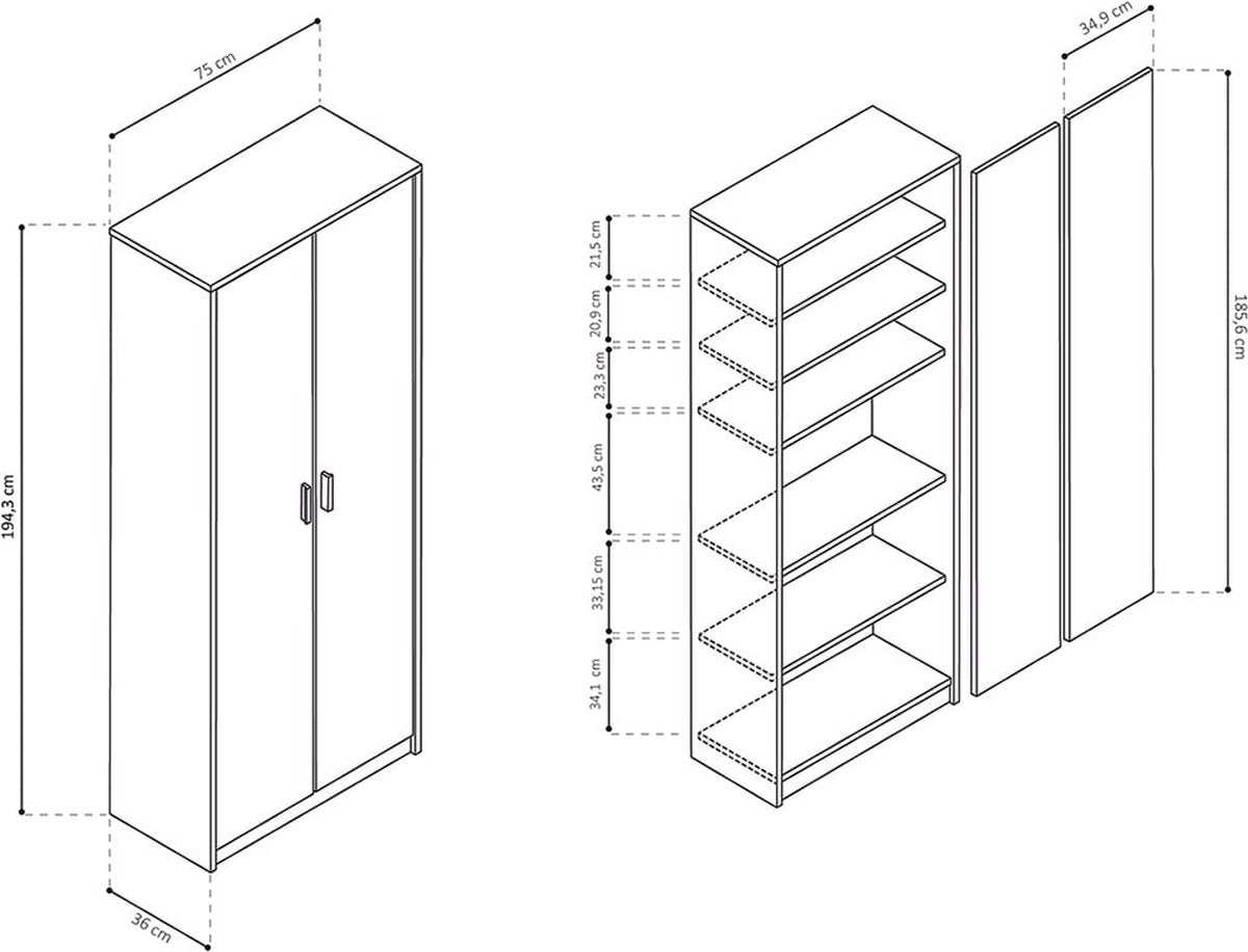High closed cabinet Edwin Sonoma - Width 75 cm - Height 194 cm - Depth 36 cm - With shelves - With hinged doors