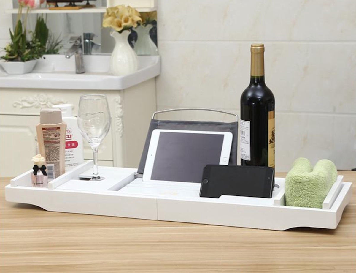 Decopatent® Badplank - Uitschuifbaar 75 -> 110 cm - Verstelbaar Bamboe Badrekje voor in bad - Boekenhouder - Tablethouder - Wit