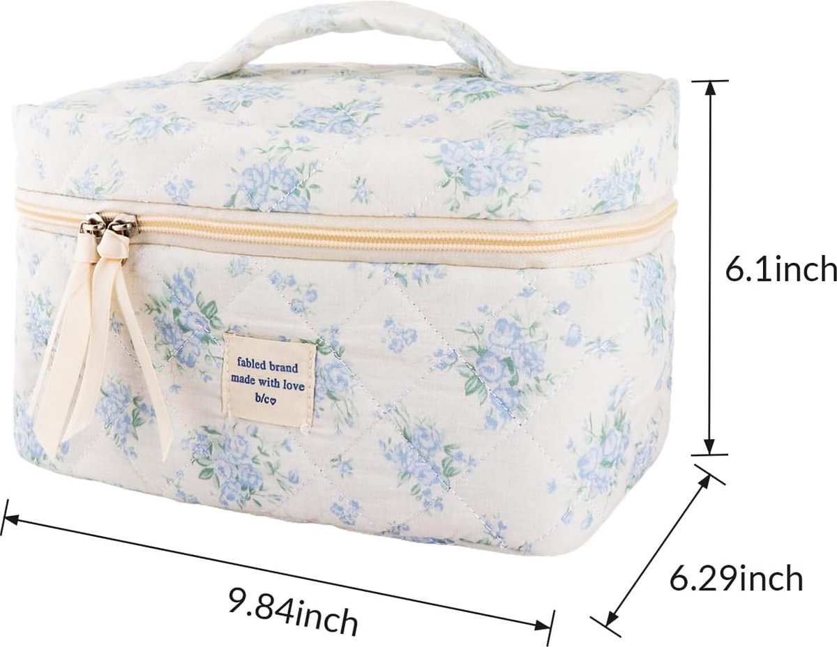 Gewatteerde Katoenen Make-up Tas - Blauwe Bloemen Reizen Cosmetische Tas Grote Esthetische Tas met Compartimenten voor Dames Meisjes Toilettas Organisator Blauw Groot