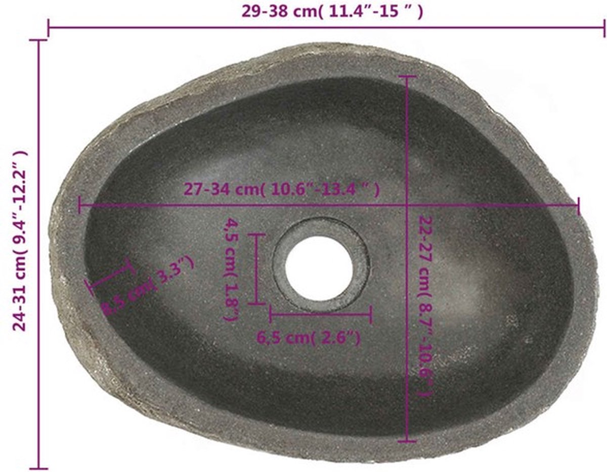 Wastafel Wasbak Natuurlijk Riviersteen | Ovaal 30 cm inclusief afvoergat | Badkamer wasbak