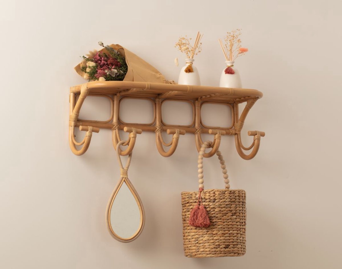 Aoni wandrek met kapstok 5 haken - Rotan - 80 x 25 x H25 cm