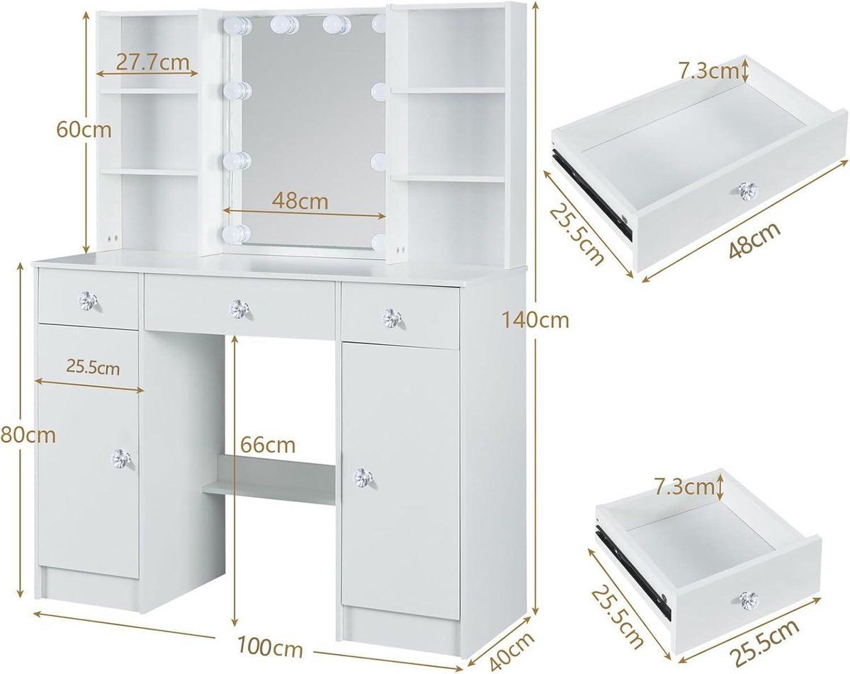 Make-uptafel met spiegel en kruk - Wit - Kaptafel met verlichting - 4 laden - 7 vakken - Slaapkamer - 83 x 36 x 140 cm make-up tafel