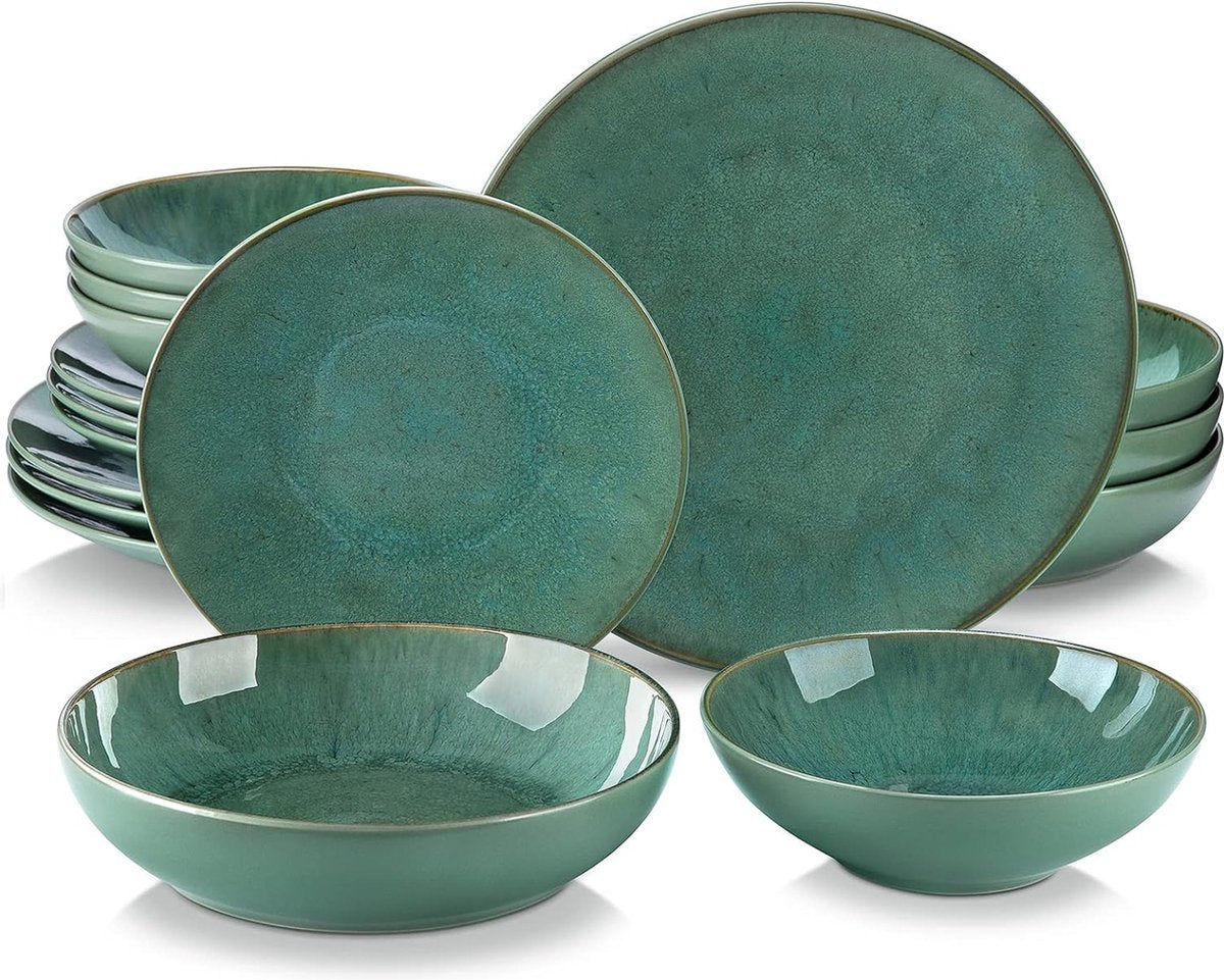 Tafelservies 16-delige Karst combiserviesset van aardewerk serviesset in vintage look voor 4-12 personen Groen