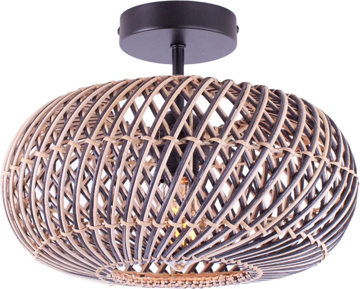 Rotan plafondlamp Stripes | 1 lichts | zwart / naturel | rotan / metaal | Ø 30cm | eetkamer / eettafel / woonkamer lamp | modern / landelijk design