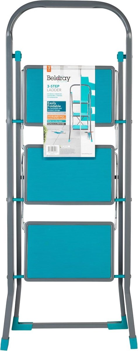 3-step ladder with anti-slip treads - durable and sturdy - for indoor and outdoor use - reach height of approx. 2.5 metres - safety clip - foldable - turquoise/grey ladder