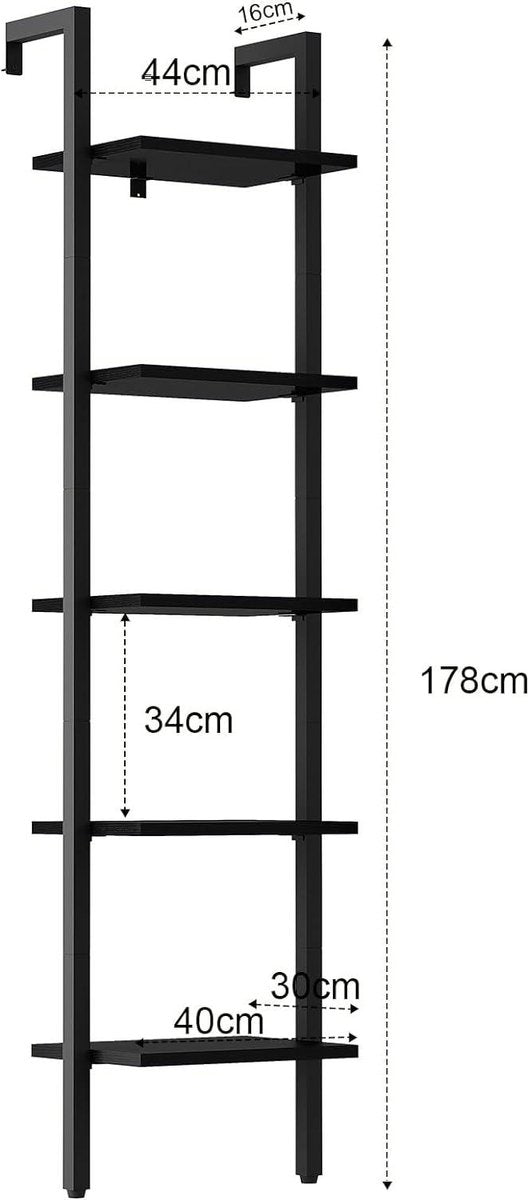 Ladderrek Boekenkast met 5 Niveaus Opbergkast - Industrieel Zwevend Wandrek - Woonkamer Keuken Kantoor - 40 x 30 x 178 cm Zwart HBC015B badkamerplank hout
