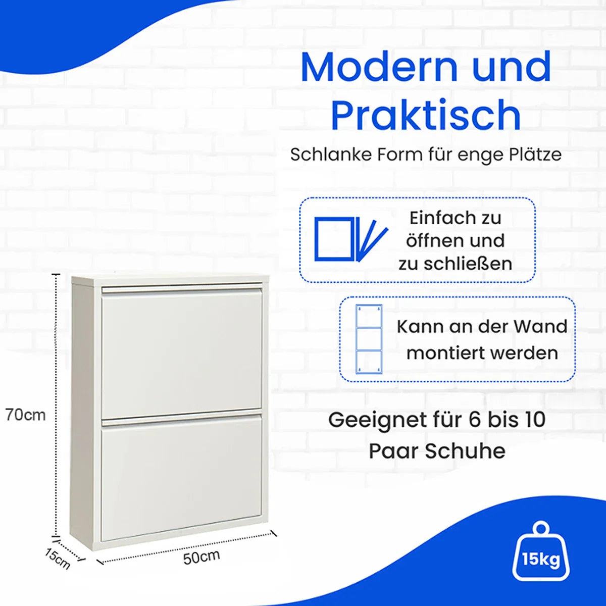 VEEHAUS® - Paplet - Praktisch Schoenenrek - Schoenenrek wit - Schoenenrek met 2 Niveaus - Schoenenkast wit - Schoenenrek metaal industrieel - Metaal - 50 x 70 x 15cm - Wit