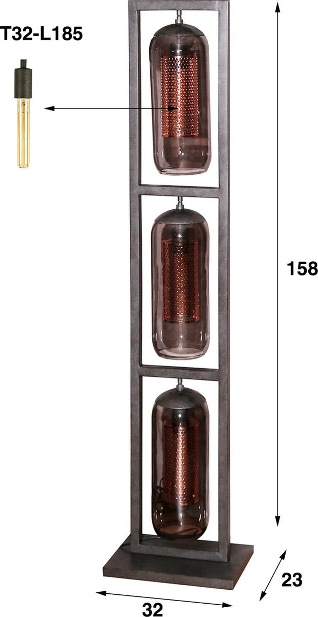 Design vloerlamp tower | 3-lichts | smoke glas-geperforeerd staal | Artic zwart | 32x23x158 cm | modern / industrieel | woonkamer / kantoor