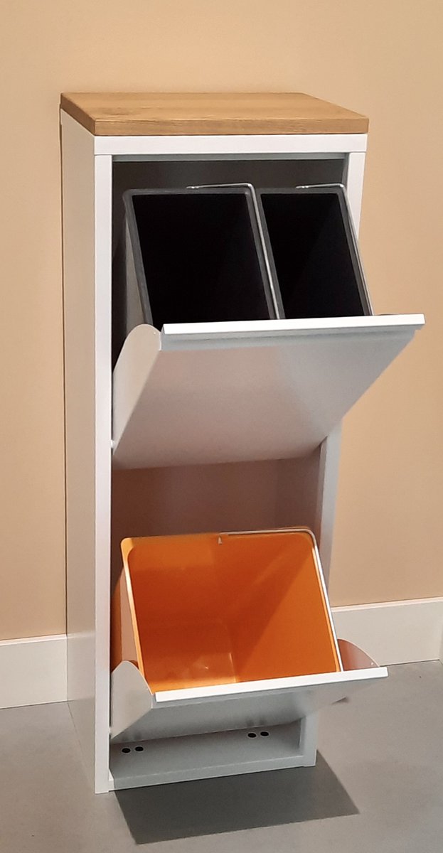 Design afvalbak - afvalscheider met 3 verschillende maten binnenemmers - 33 liter totaal - met eiken paneel - wit