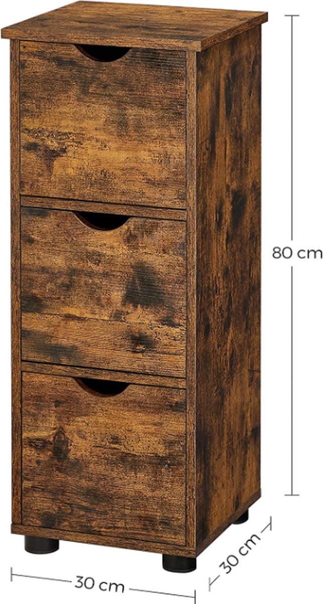 Small bathroom cabinet, bathroom cabinet with 3 drawers, chest of drawers, storage cabinet, side cabinet, 30 x 30 x 80 cm, bathroom, living room, bedroom, kitchen, vintage brown BBK150X01