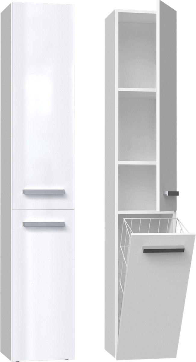 Column cabinet with laundry basket white gloss-Bathroom furniture-
