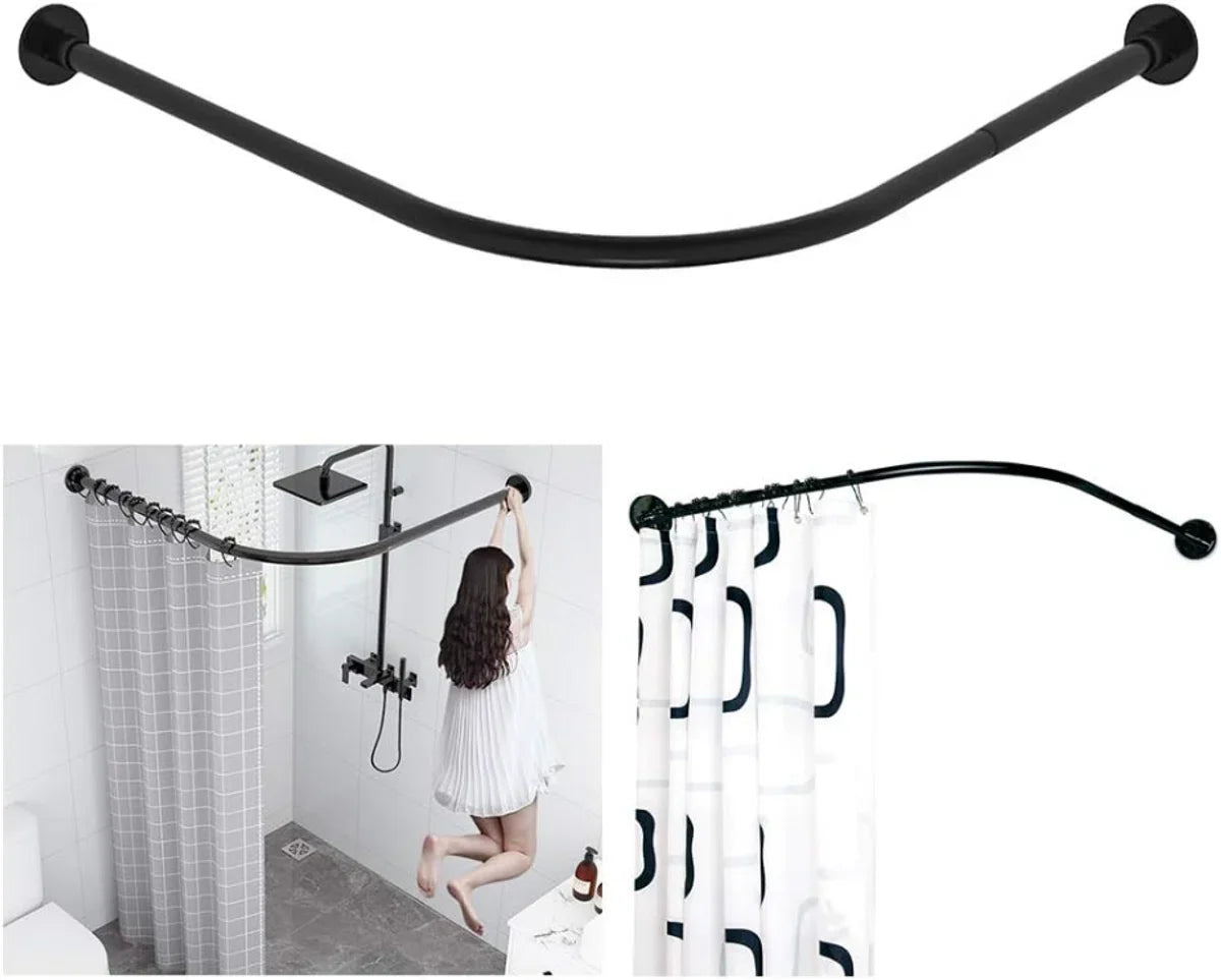 Extendable 304 Stainless Steel L-Shaped Bathroom Shower Curtain Corner Bathtub Rod (Black, 70-100 x 70-100 cm)