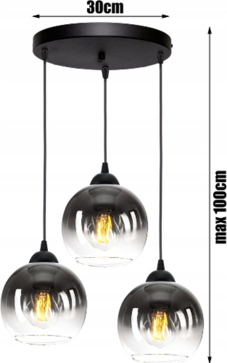 Industrial Pendant Lamp for Living Room, Dining Room - Smoked Glass - 3-light - Smoke Glass - 3 spheres - Smoked Glass