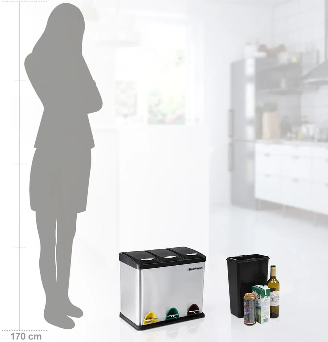 Songmics Prullenbak 24L - Afvalscheiden Prullenbak - Pedaalemmer Roestvrij Staal - 3 x 8 Liter Afvalbak