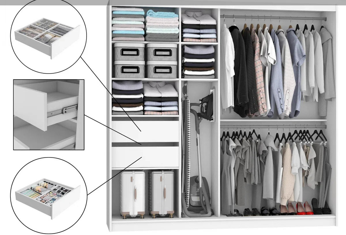 Modern Black Wardrobe - Mirror and 2 Drawers - Ample Storage - 216 x 200 x 60 cm