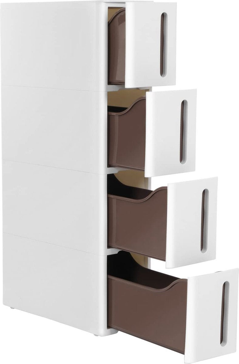 SONGMICS KFR08WT Mobiel nisrek, smalle rolwagen met 4 laden, uittrekbare legwagen, badkamerrek, keukenkast met afneembare wielen, PP, ruimtebesparend, 45 x 17 x 84 cm, wit