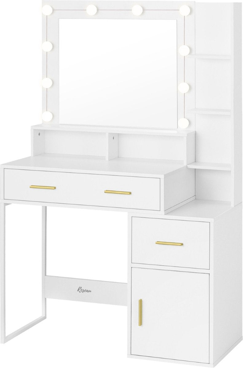 Kaptafel - Met Spiegel en Verlichting - Make-up Tafel - Toilettafel - Hollywood - 90x40x143 Cm - Led Lampen - Wit