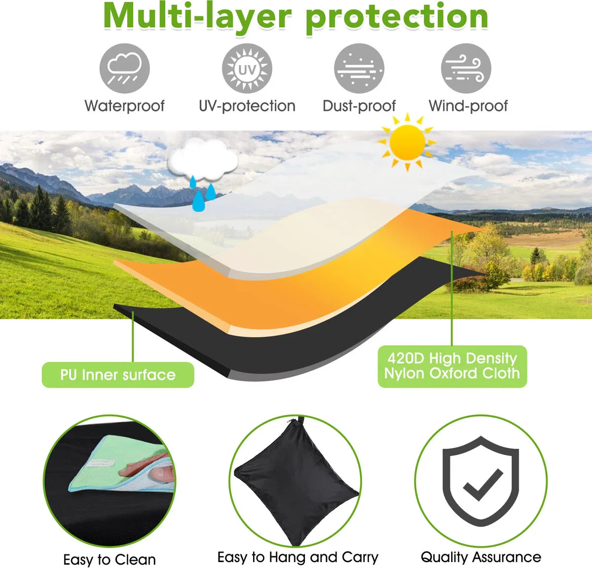 Garden Furniture Cover - 200*160*70cm - Waterproof Garden Furniture Covers Patio Set Protective Cover - with Storage Bag - Black