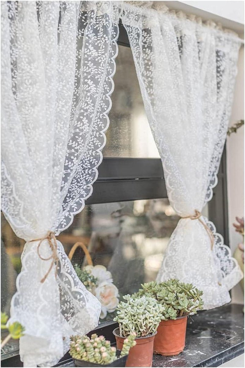 Green Harmony Delicate Translucent Curtain in Kitchen-Living Room Country Style - Net Curtain with Lace Design - 130x100cm - White ready-made net curtain with hooks
