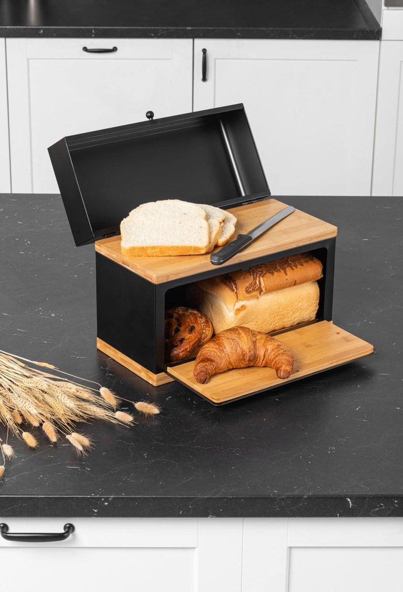 Design broodtrommel met twee vakken voor op het werkblad - bewaardoos voor vers brood van bamboe, 38 x 28 x 18 cm