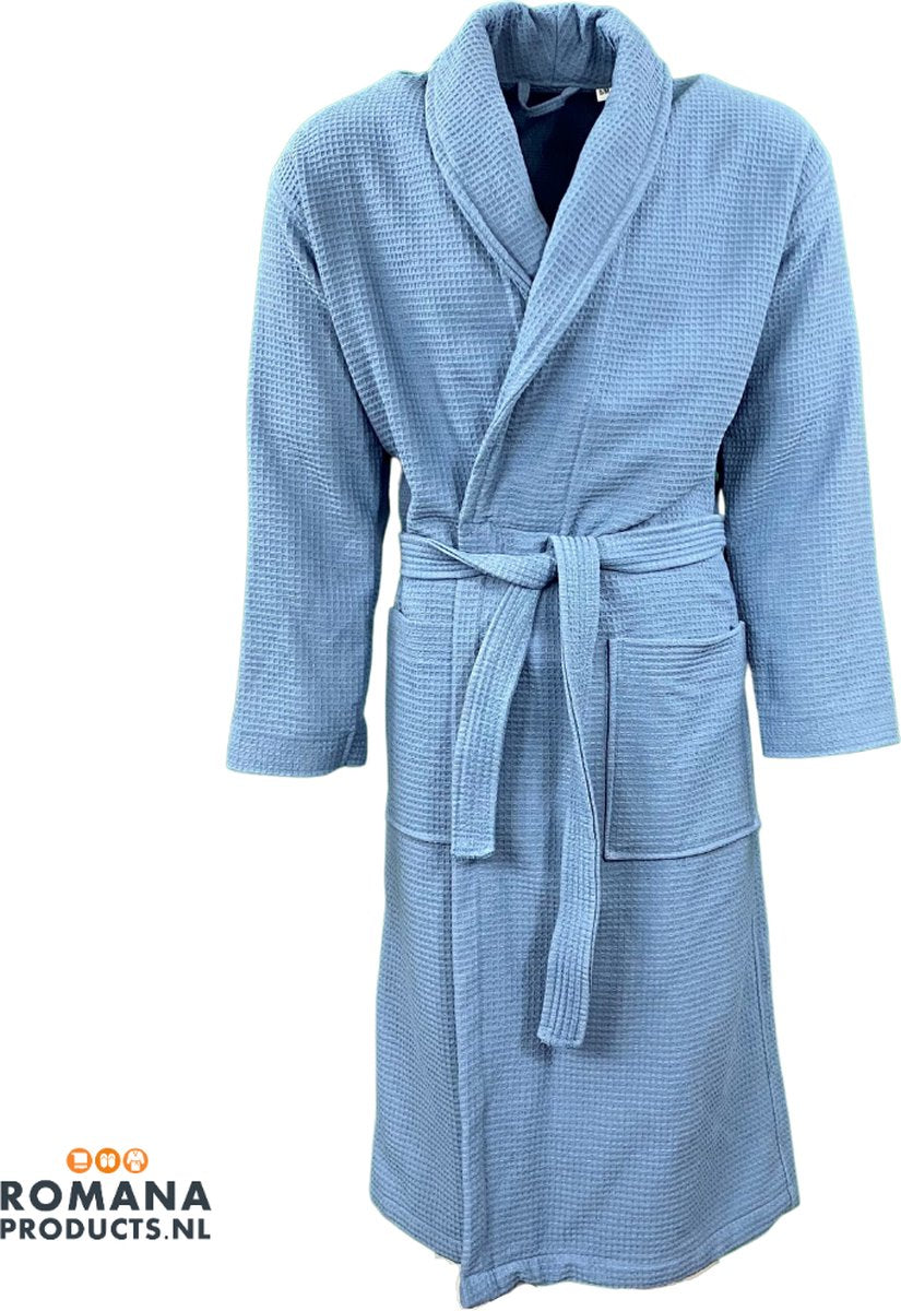 Romana Products Wafel - Badjas Gevoerd - Kamerjas - Ochtendjas - Denim Blauw - Maat L - Luxe Wellness - Comfortabel en Stijlvol