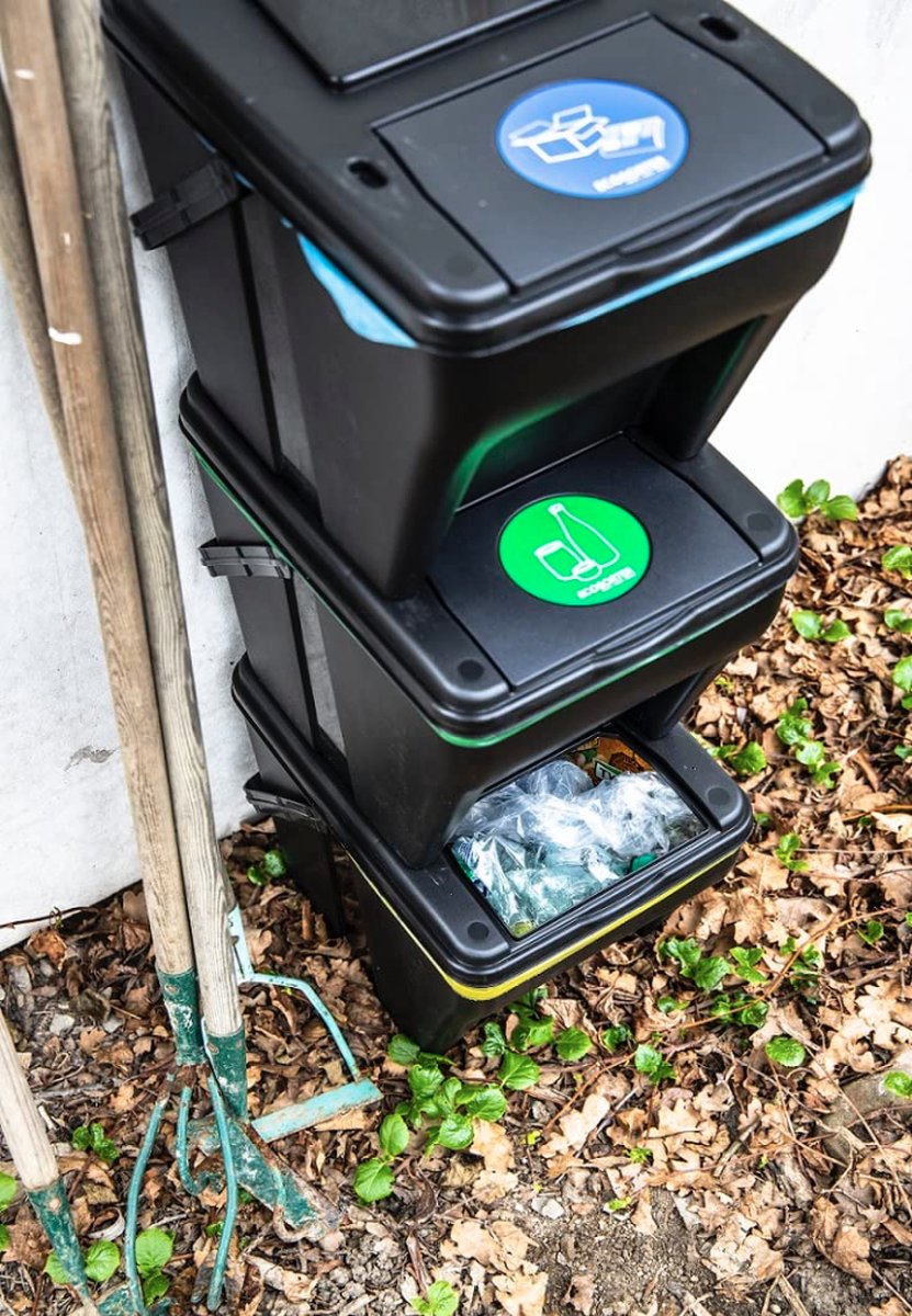 Vuilnisbak 4 vakken afvalscheidingssysteem 100 l - 4 x 25 l groene sorter afvalscheider 5 stickers kleuren afvalscheider voor biologisch afval papier, glas afvalscheidingssysteem voor afvalscheiding in de keuken