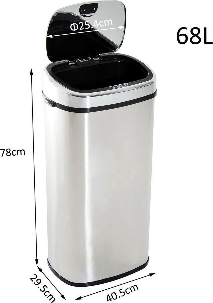 Prullenbak 50 liter - Prullenbak met sensor - Prullenbak - Afvalbak - 68 L - RVS - Zilver