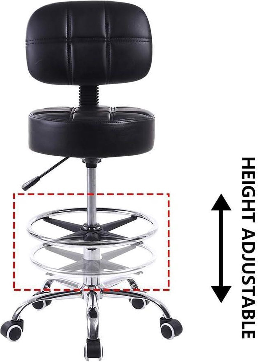 Height-Adjustable Stool with Backrest - PU Leather Swivel Salon Chair - Black