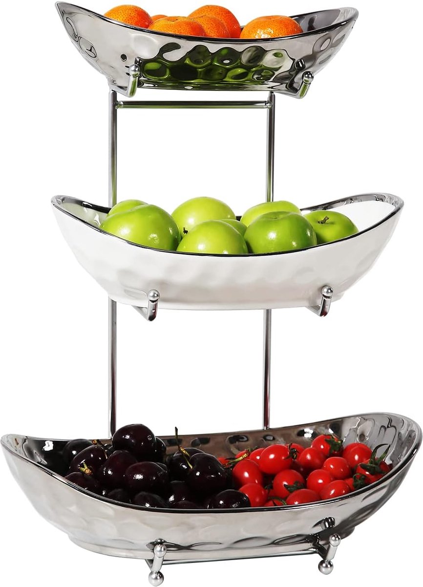 Fruitschaal 3-laags keramische fruitmand voor keuken porseleinen keukenkommen voor fruit en groenten opslag snack noten dessert taart dienblad bordenrek voor feest bruiloft