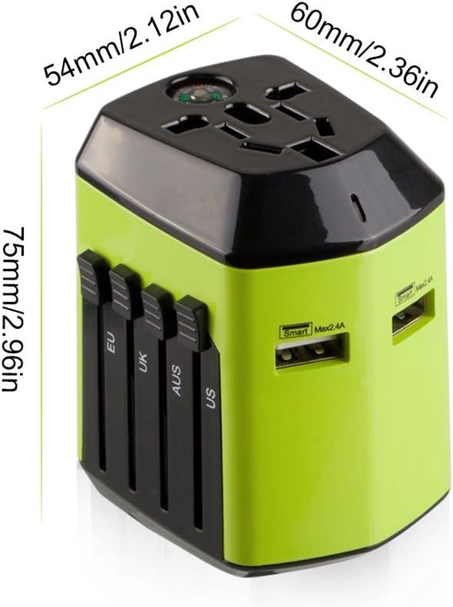 Universal travel adapter with 2 USB ports - UK EU US AU - 180 countries - all-in-one plug adapter - green