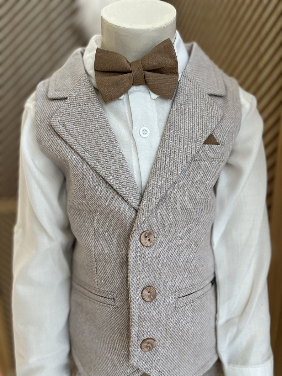 luxury boys suit-children's suit-children's costume-3 piece set -cream white shirt, beige waistcoat and trousers, camel bow tie-groomsmen-wedding-party-birthday-photoshoot- 5 years