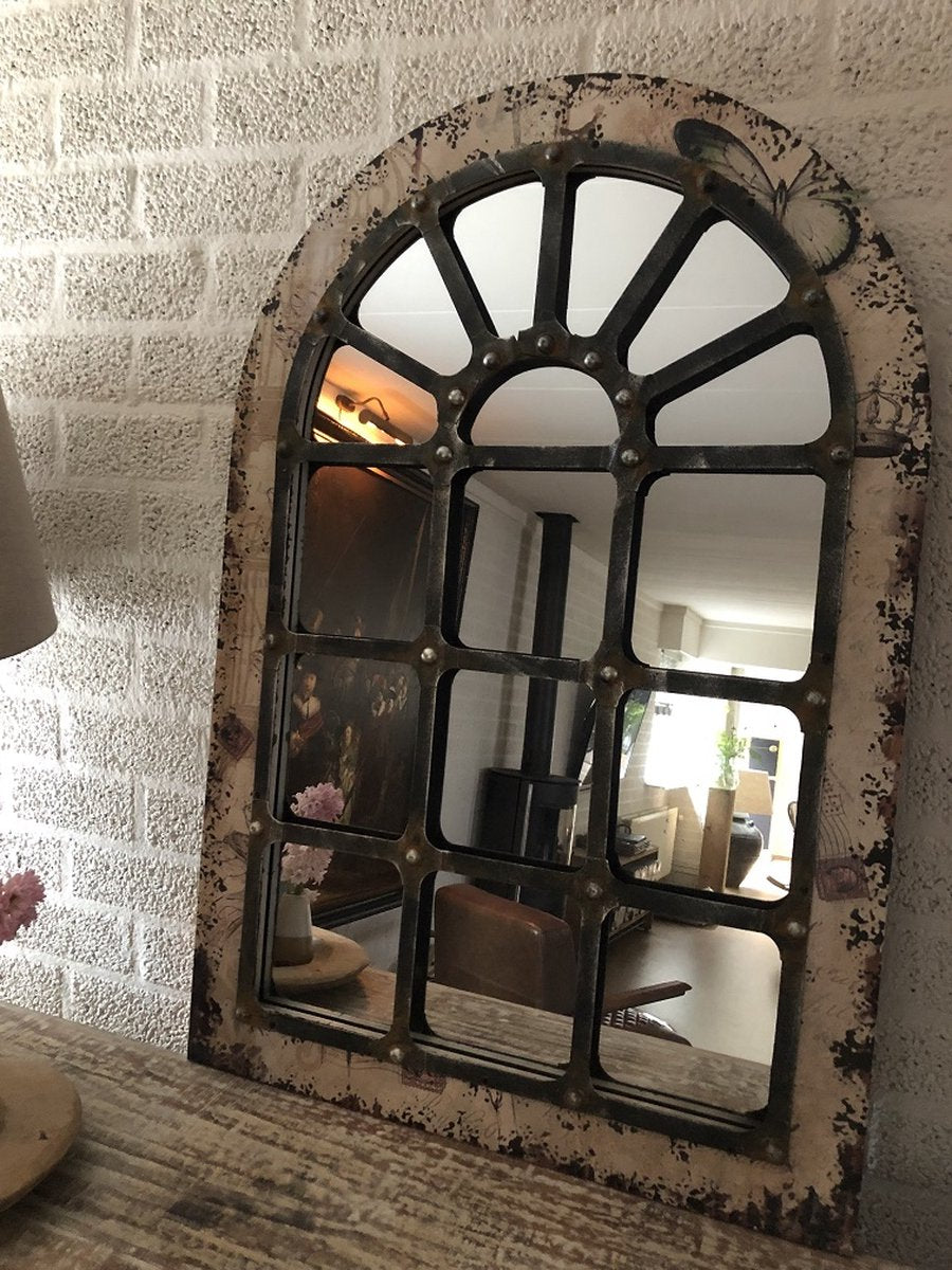 Large, sturdy stable window mirror, beautifully shaped and robustly made.