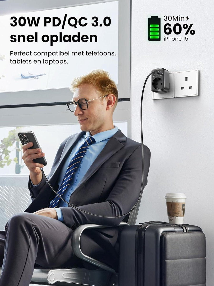 Reisadapter VK 30W Adapter Engeland Duitsland Stekker met 2 USB, 1 USB C en 1 Type G aansluiting 4-in-1 Reisstekker GaN voor Groot-Brittannië, Ierland, Schotland, Dubai, Malediven, Maleisië - UGREEN